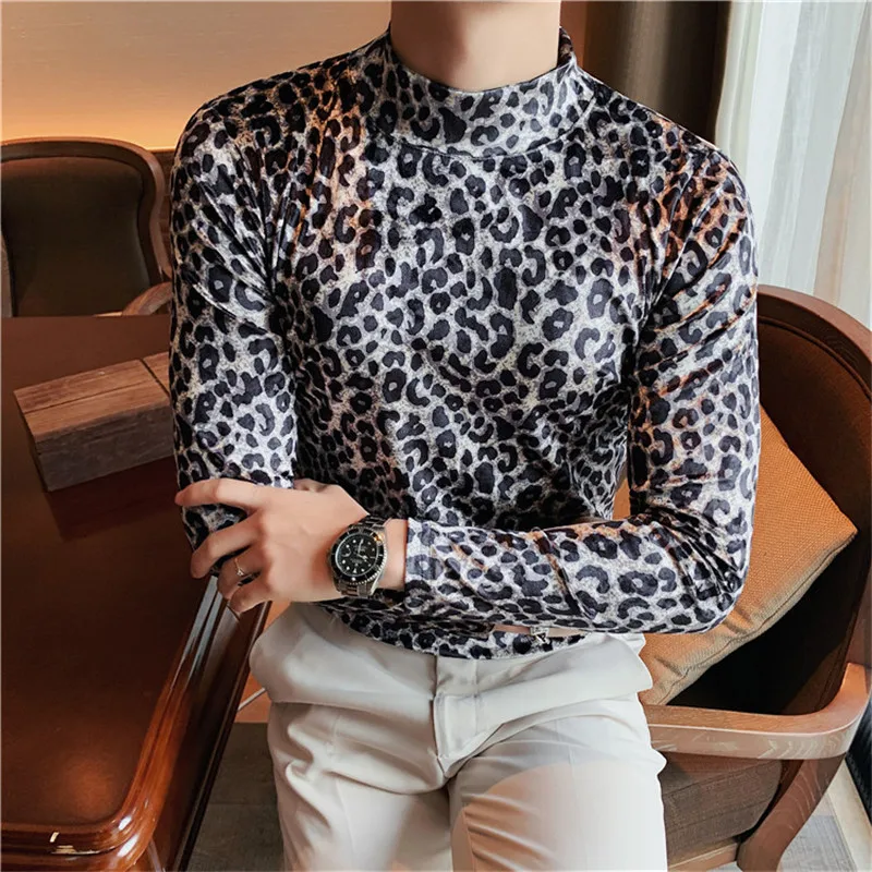 Flannel T-shirt Winter Men High Collar Pullover Fashion Leopard Slim Fit T-shirt Long Sleeved Velvet Casual Bottoming Shirt