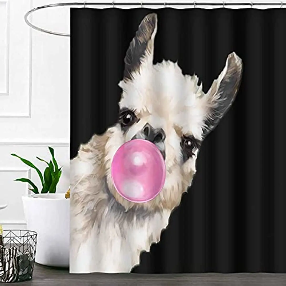 

Funny Alpaca Shower Curtain Blowing Bubble Gum Comic Animal waterproof Cloth Fabric Bathroom Decor with 12 Hooks