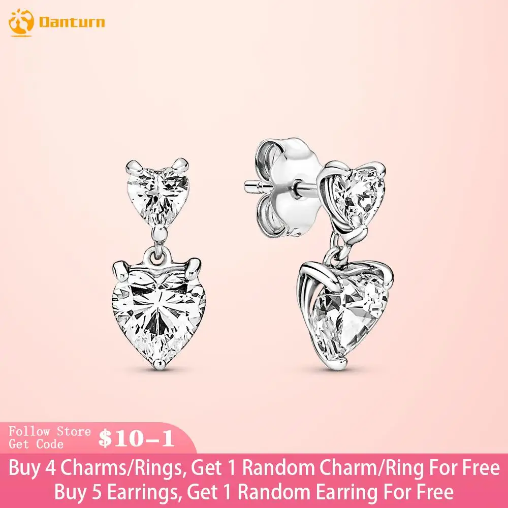 

Danturn 925 Sterling Silver Earrings Sparkling Double Heart Stud Earrings for Women Female Fashion Jewelry Making Free Shipping