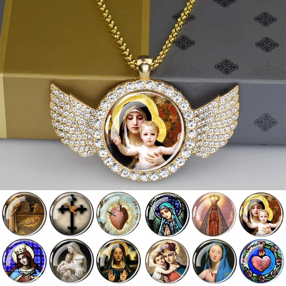 

Virgin Mary Necklaces Glass Angel Wings Rhinestone Pendant Necklace Men Women Chains Cross Christian Church Fashion Jewelry Gift