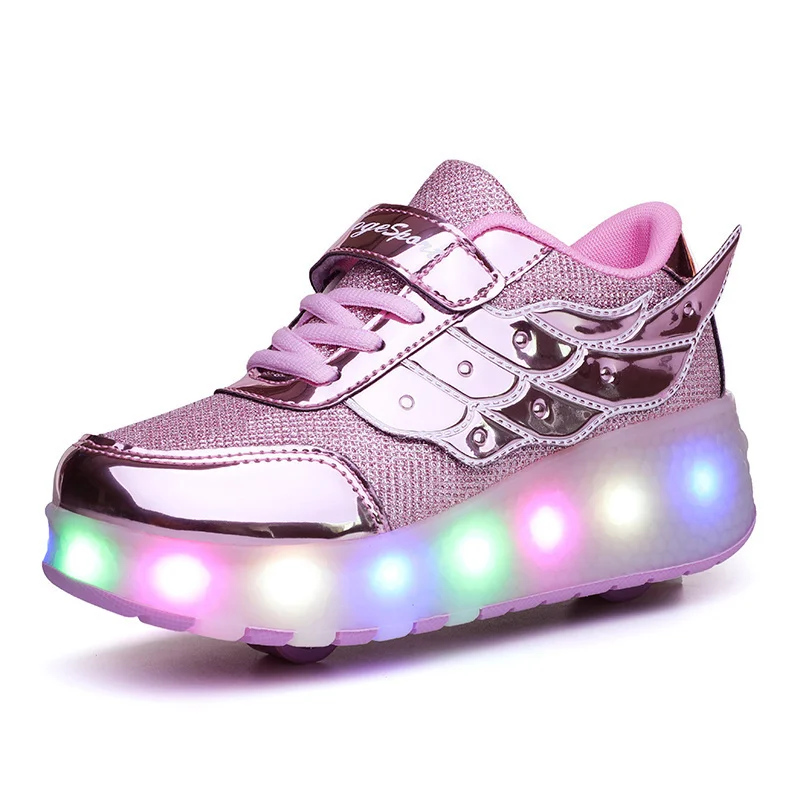 USB Charging Children Luminous Glowing Sneakers Gold Pink Led Light One Two Wheels Roller Skate Shoes Kids Led Shoes Boys Girls