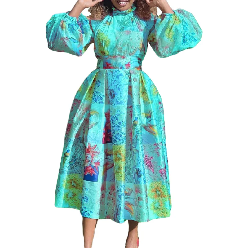 

2023 Spring Midi Dress African Dress for Women Daily Elegant Long Dresses Floral Print Puff Sleeve Robe Femme African Clothes