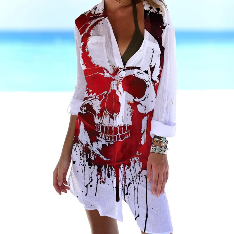 

Female V Neck Button Pleated Long Sleeve Seaside Sunscreen Blouse Ladies Bathing Suit Cover Ups Dress Skull Print Beach Tops