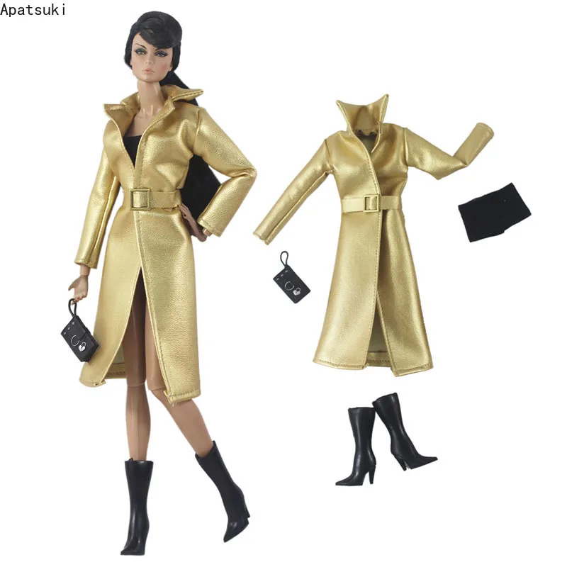 Golden Leather Doll Clothes Set For Barbie Outfits Fashion Long Jacket Trenchcoat Belt Top Boots Purse 1/6 Dolls Accessories