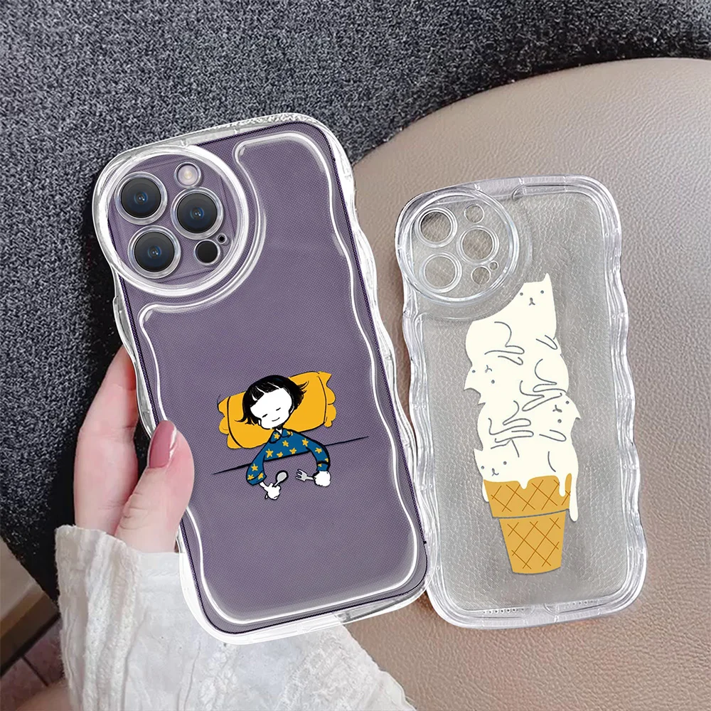 

Cartoon Cute Girl Cat Case for Iphone 14 Plus 13 11 Pro Max Wavy Edge Cover Protection Shell for Iphone 12 Mini Coque Fundas