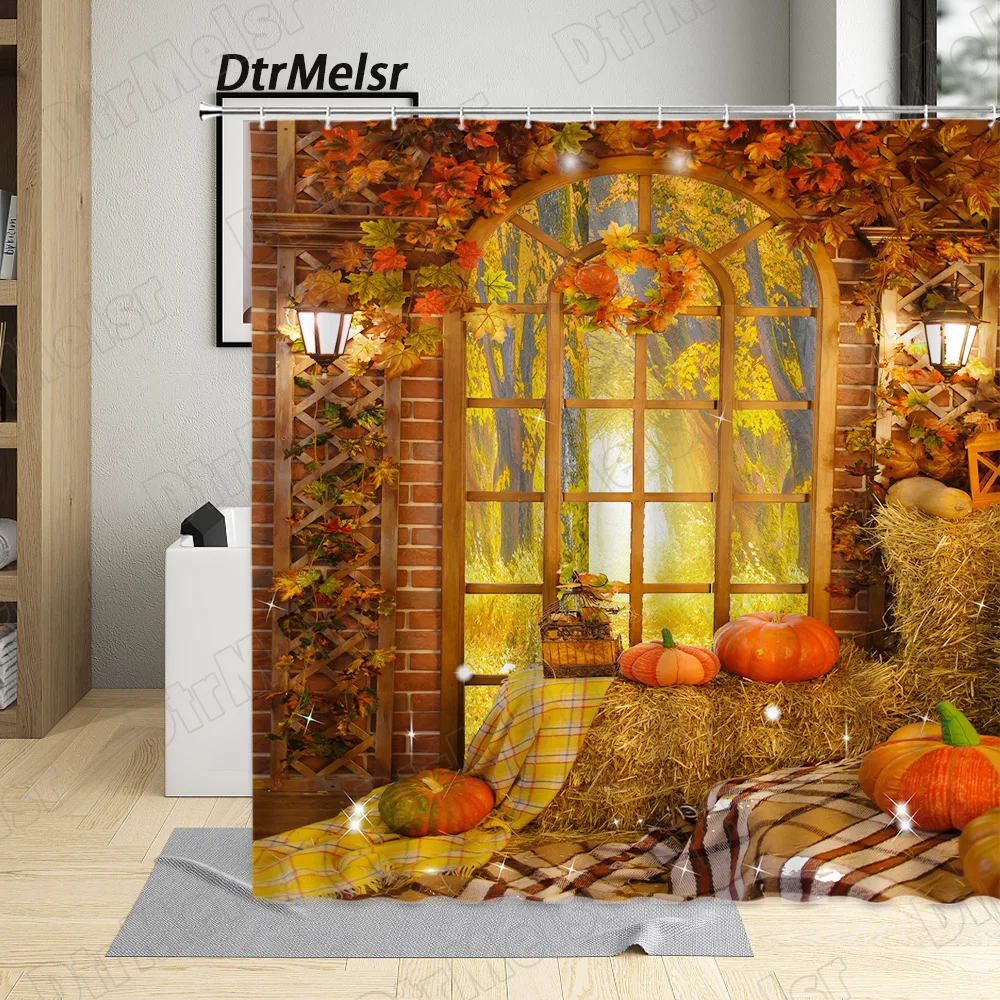 

Осенняя занавеска для душа с изображением пейзажа, Осенние тыквы, занавески для ванной с кленовыми листьями, занавески для ванной в фермерском стиле на День Благодарения, набор для декора