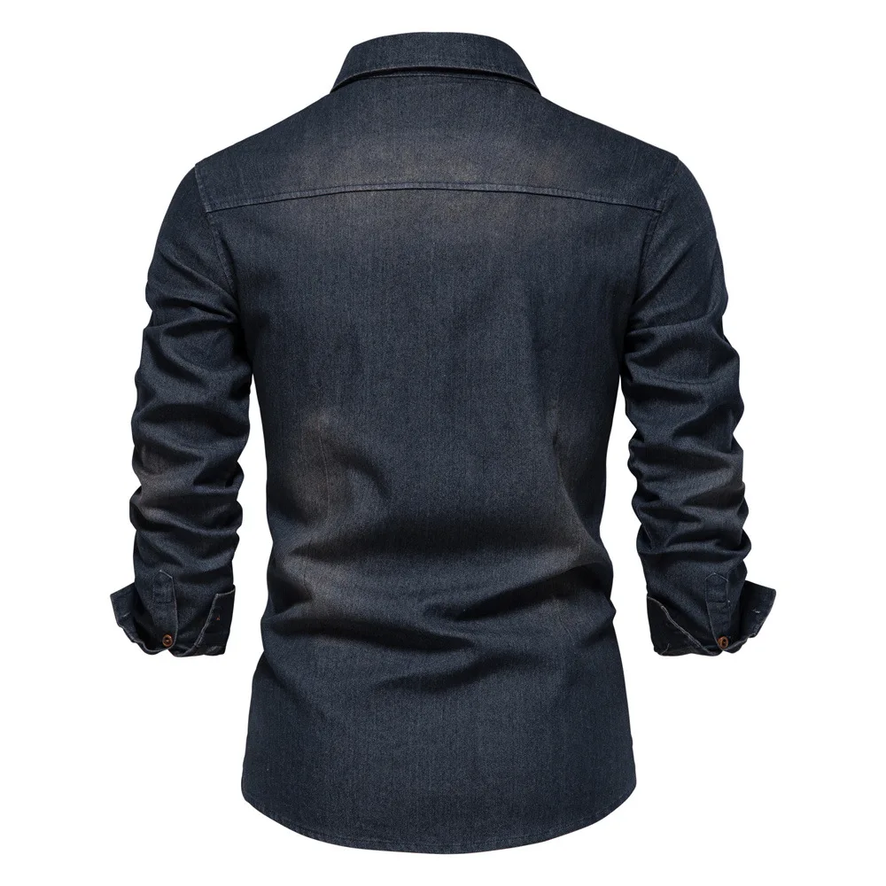 Men's Denim Shirt High Qualituy Elastic Cotton Long Sleeve Shirt Black Casual Slim Clothing Navy Blue Mens Fashion Shirt 2023 4