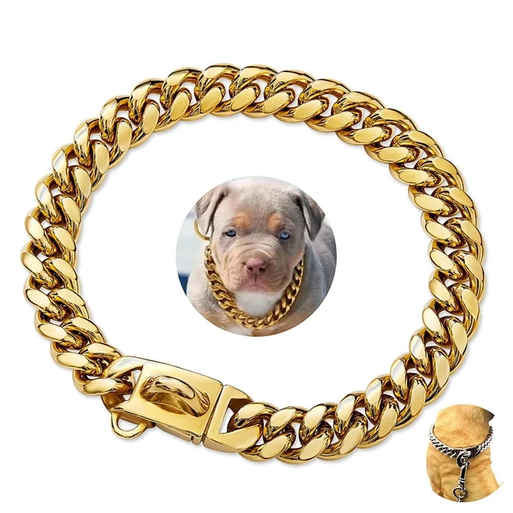 

14mm Pet Dog Collar Stainless Steel Cuban Chain Dog Chain Dog Collar Lock Gold Silver Dog Chain French Bulldog Pitbull Collar