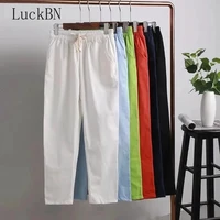 spring casual pants women fashion cotton linen pant elastic waist harem pencil pockets loose large size trousers black white new