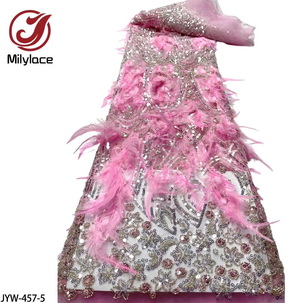 

2022French Lace Fabric High Quality Lace FabricTulle with Feather Beads Sequin Lace Fabric for Designer Fabric Dress JYW-457