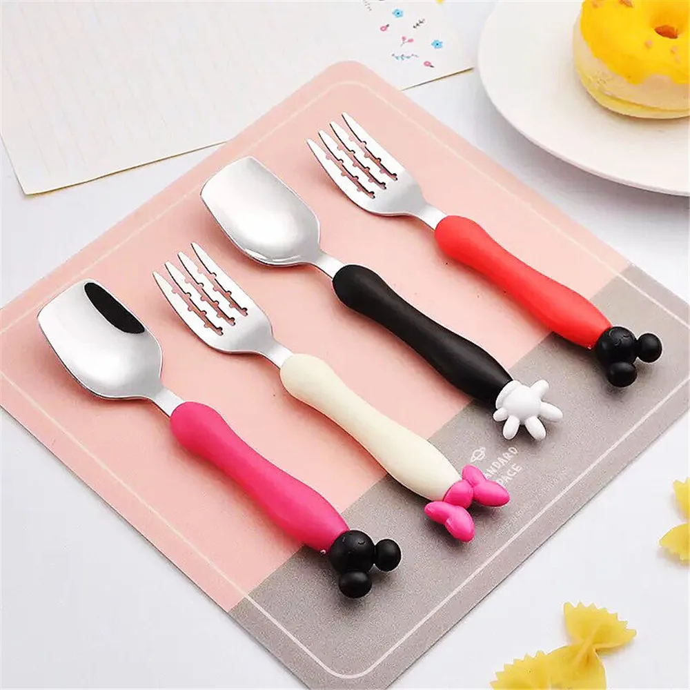 

Kids Dinner Ware Set Lovely Cartoon Stainless Steel Cartoon Fork Spoon Tableware Set Soft Silicone Handle Children Cutlery