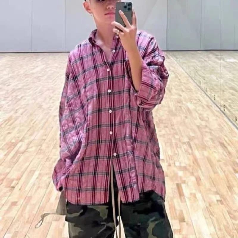 Рубашка в клетку для мужчин и женщин Повседневная модная блузка с напуском