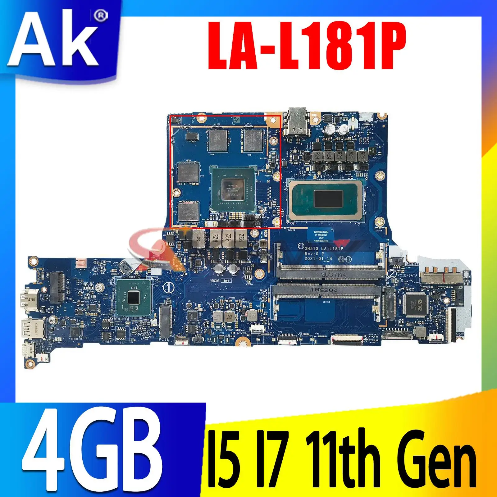 

Gh51g LA-L181P Motherboard.For ACER Nitro 5 AN517-54 Laptop Motherboard.With I5-11400H or i7 11800H CPU.RTX3050 4GB GPU