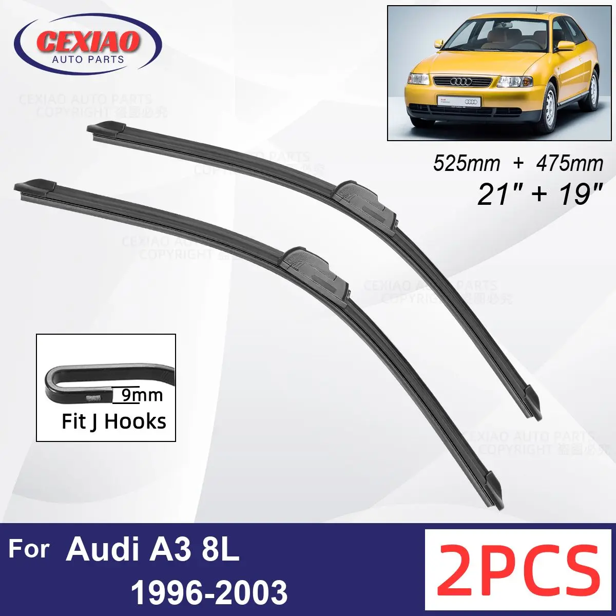 

Car Wiper For Audi A3 8L 1996 to 2002 2003 Front Wiper Blades Soft Rubber Windscreen Wipers Auto Windshield 21" 19" 525mm 475mm