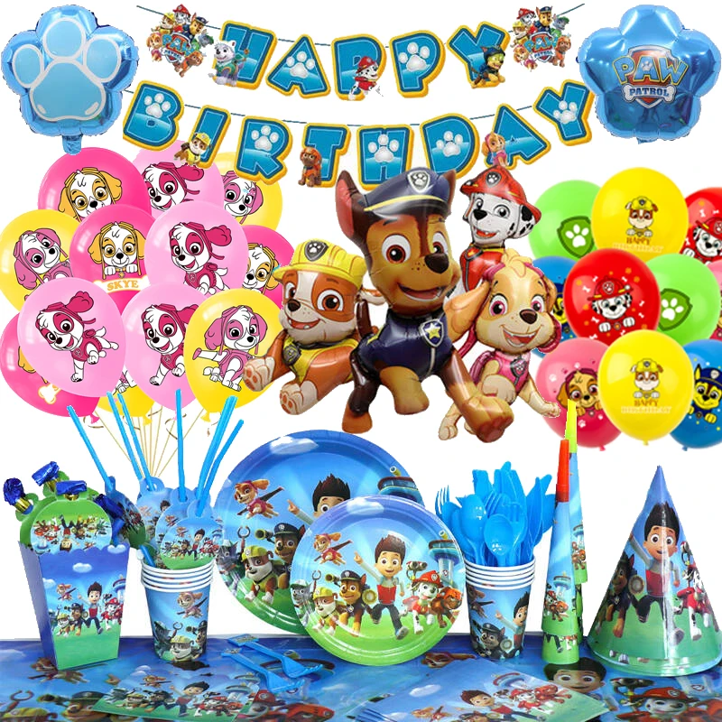 

Paw Patrol Birthday Decoration Foil Balloon Disposable Tableware Set Dog Chase Marshall Skye for Kids Birthday Party Supplies