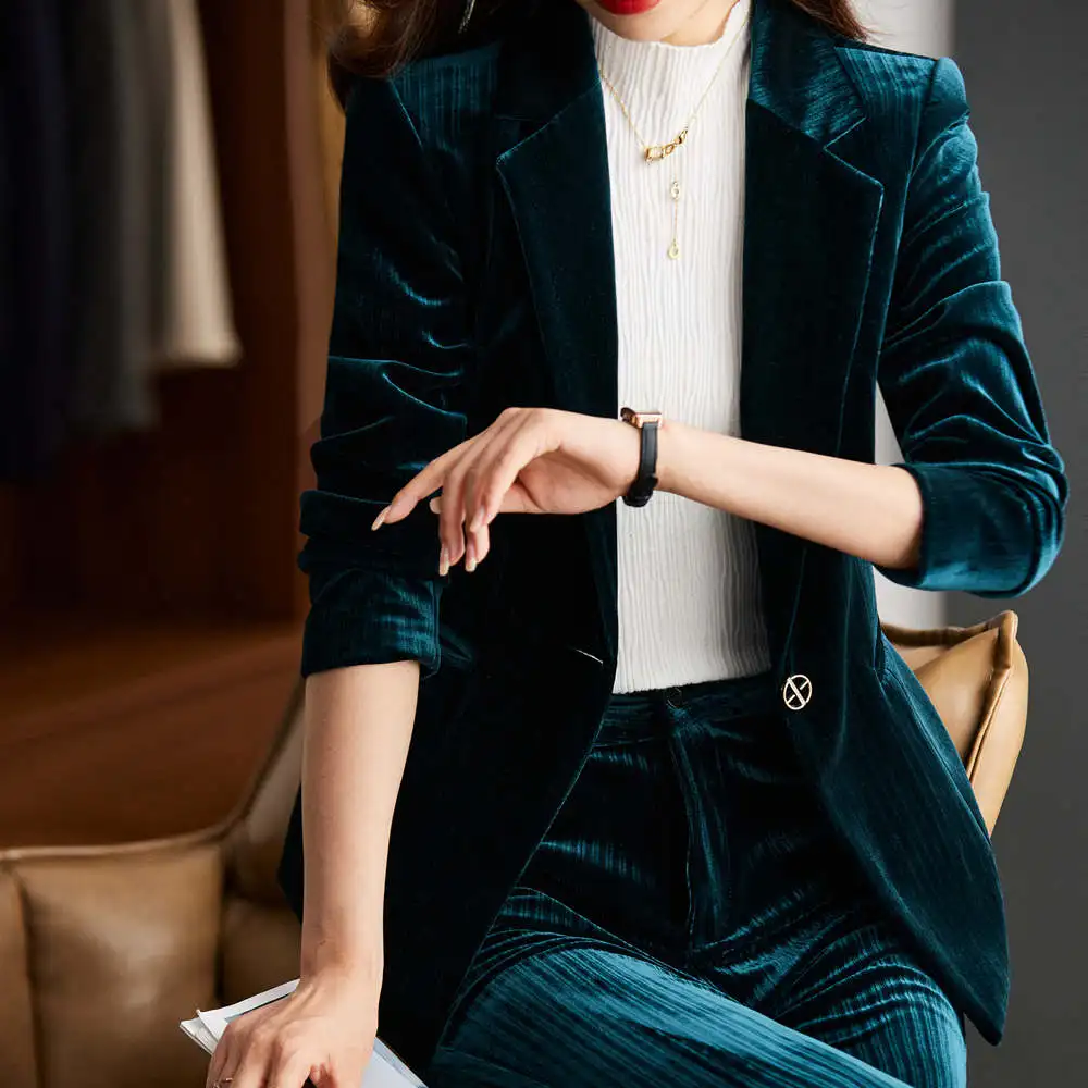 Korean High-Quality Velvet Autumn Winter Formal Ladies Blazer Business Suits with Sets Work Wear Office Uniform Pants Jacket