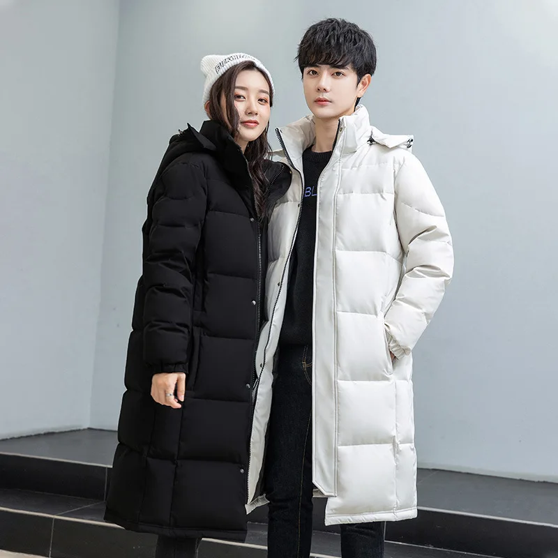 Winter 2021 new men's and women's matching down jackets long knee cap thickened Korean version