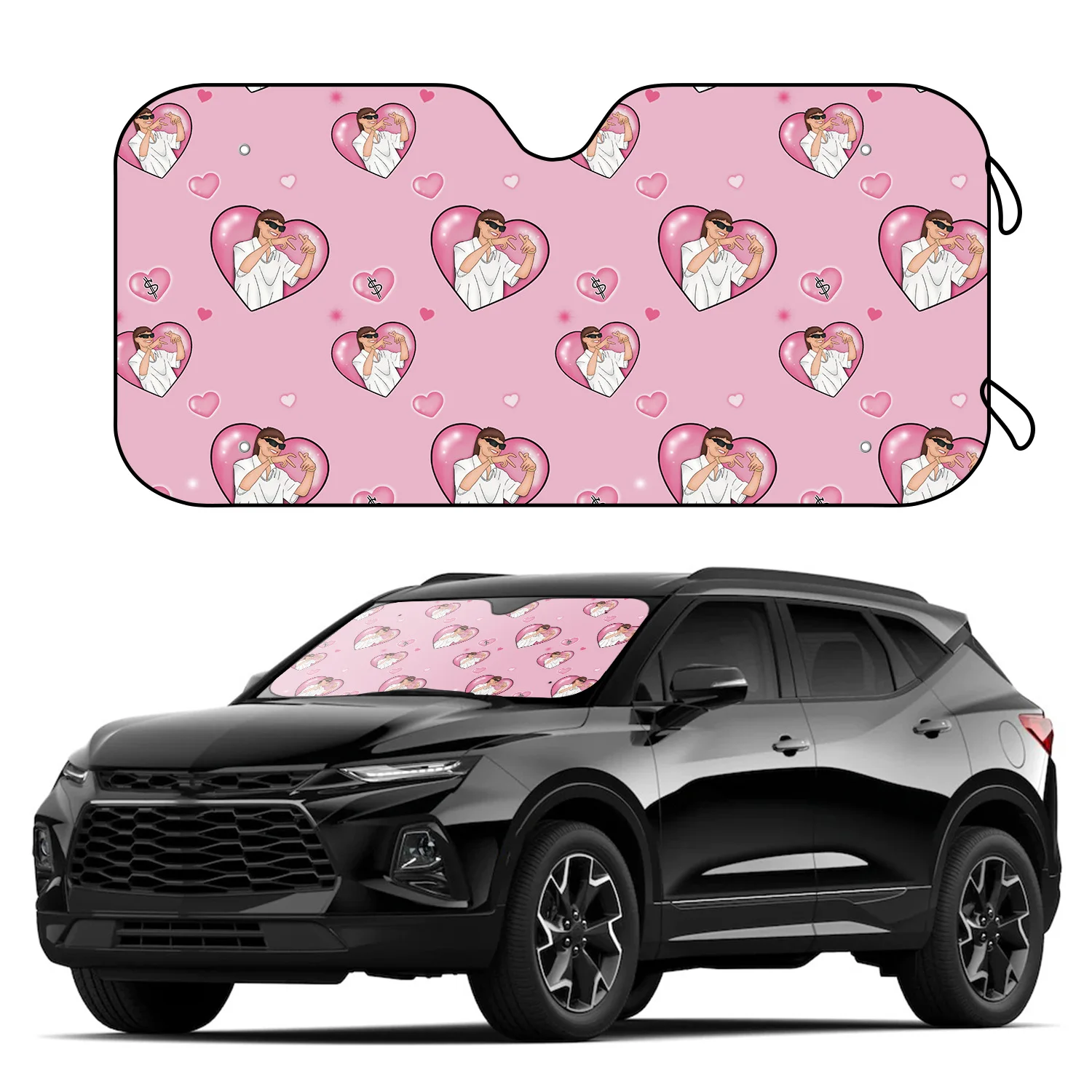 

1pc Rap Star Pink Heart Windshield Sun Shade 4 Free Suction Cups Car Blocks UV Car Interior Sun Protection Car Sunshade- 57 X 27