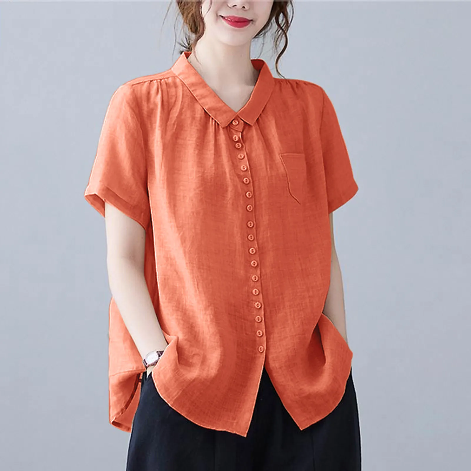 

Shirts for Leggings Womens Linen Button Down Shirts Short Sleeves Round Neck Office Shirts Casual Business Female T Shirts Women