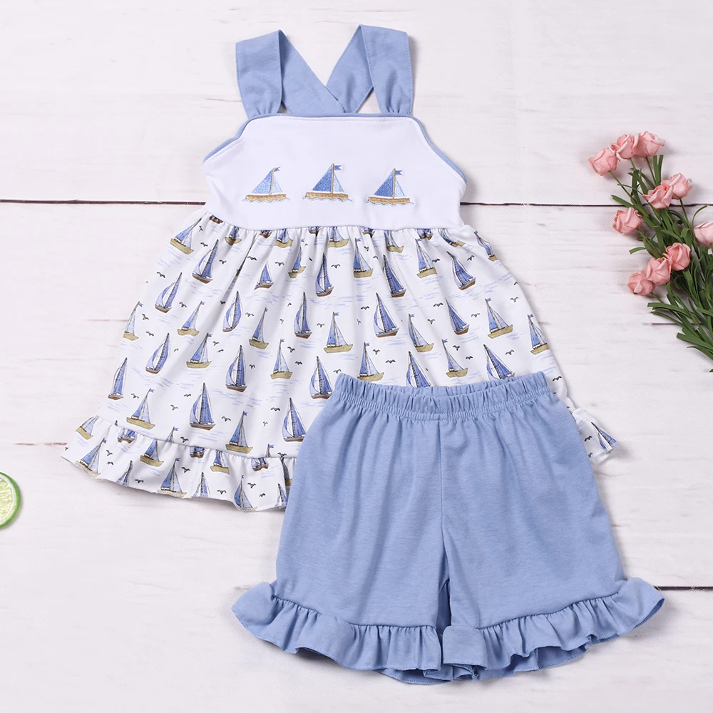 

2023 Baby Girls Clothes Set 2pcs Cotton Suit Ship Embroidery Bodysuit T-shirt Printing Outfits Babi Shorts 1-8T Toddler Bebe