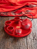 chinese traditional wedding ceramic tea set kettle red double happiness teapot cup teaware newlywed gift wedding banquet supply