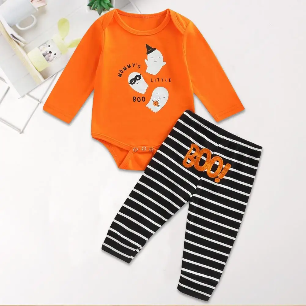 

1 Set Halloween Suit Breathable Orange Color Baby Cartoon Romper Striped Letter Trousers Set Halloween Clothes Daily Wear