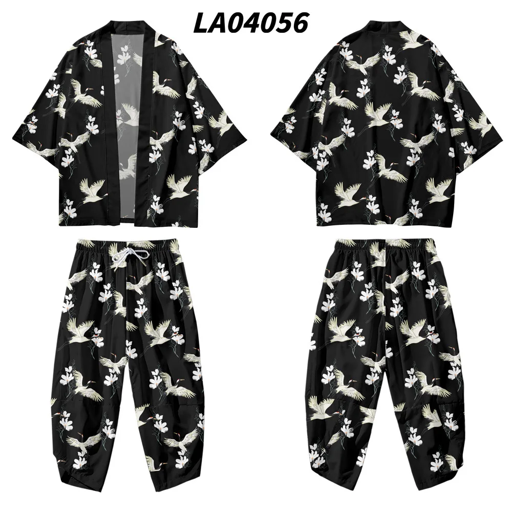 Lounge Print Crane Men Robe Sets Casual Summer 3/4 Sleeve Tao Robe Pant Pajamas Suit Sleepwear Chinese Style Underwear Home Wear