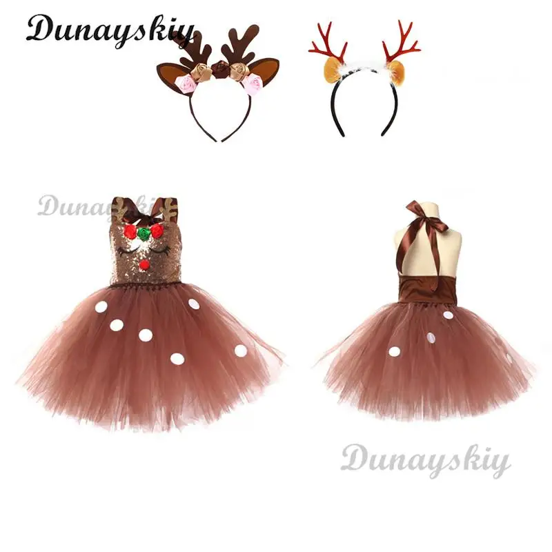 

Kids Girls Christmas Santa Reindeer Costume Shiny Sequins Elk Deer Tutu Dress with Headband set Princess Mesh Tulle Dress