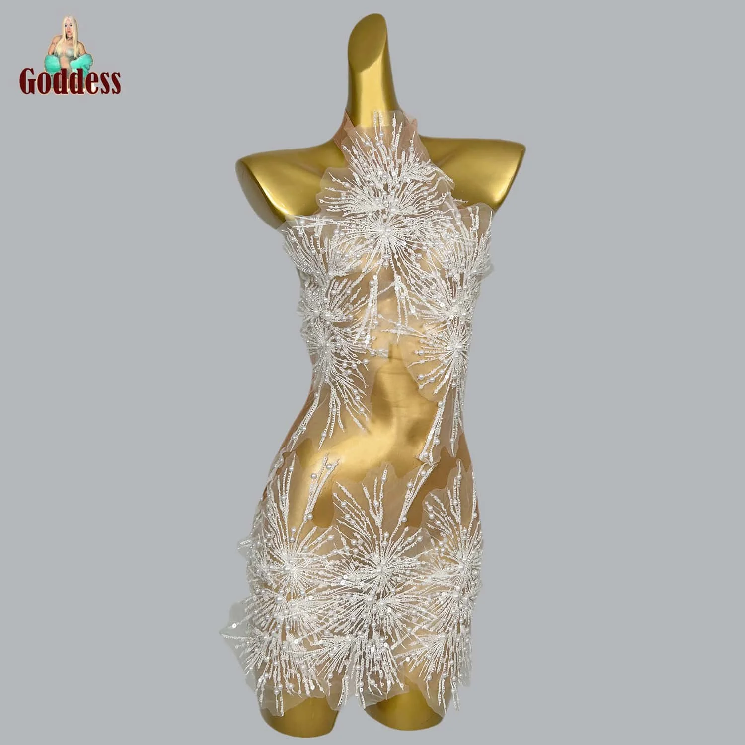 Блестящее Сетчатое мини-платье со снежинками и жемчугом облегающее элегантное
