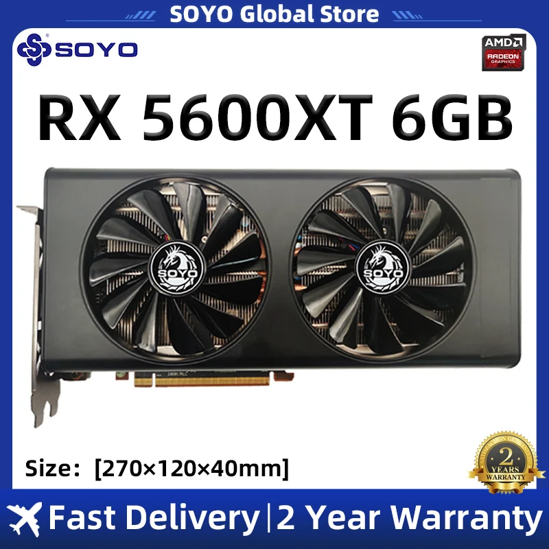 

Видеокарта SOYO RX 5600XT, 6 ГБ, GPU GDDR6, 4,0 бит, 8 + 6 контактов, 7 нм, PCIE x 16, видеокарта с поддержкой процессора для настольного компьютера