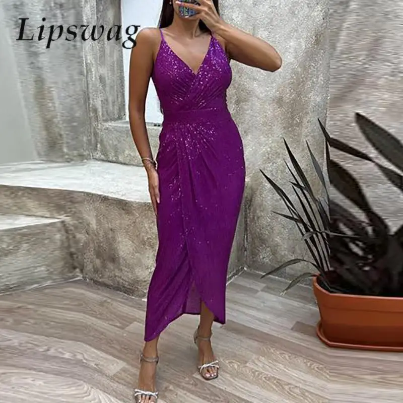 

Элегантное женское вечернее платье без рукавов с разрезом, модное Повседневное платье на бретельках, необычное сексуальное платье с V-образным вырезом, блестящее платье с блестками