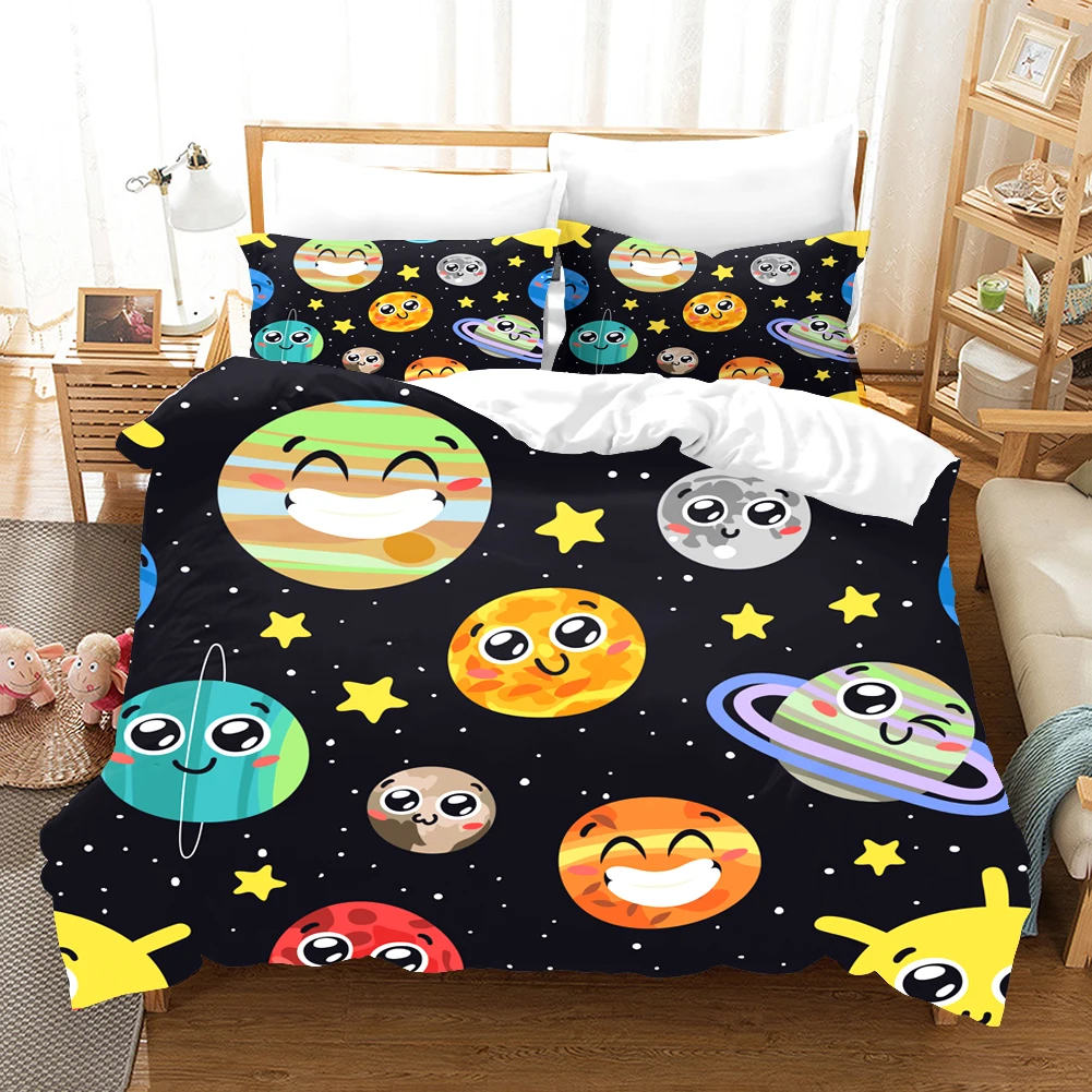 

Planet Smile Face Bedding Set Cartoon Kawaii Kids 3D Print Comforter Luxury Queen King Single Duvet Cover Home Textile Decor Set