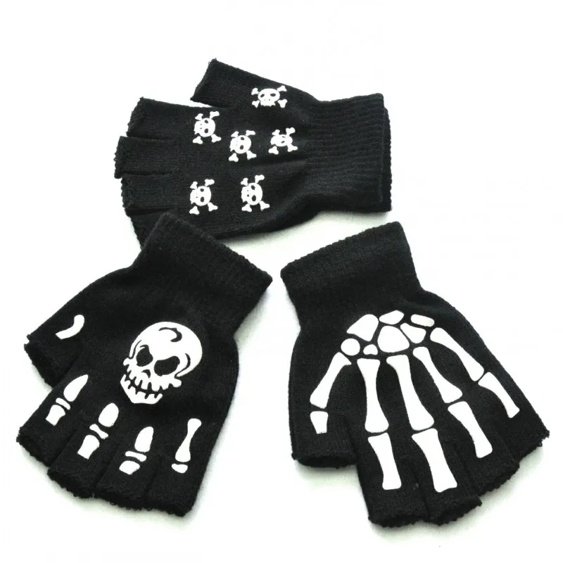 

Spring Knitted Half Finger Riding Gloves Halloween Luminous Fluorescent Skull Claw Printing Non-Slip Gloves Moto Accessories