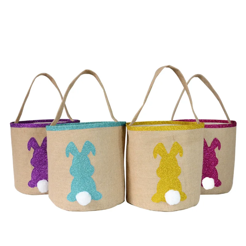 

Cute Easter Bunny Bag Cotton Linen Round Bottom Gold Rabbit Ear Bucket Easter Basket for Egg Hunting Children's Candy Basket
