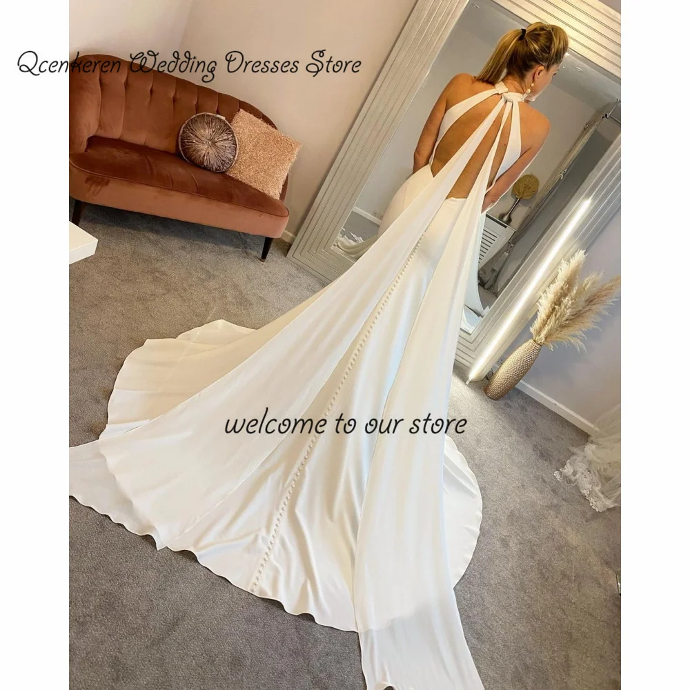

Qcenkeren Elegant Lace Up Bridal Veils For Women Halter Wedding Dresses Mermaid Satin Floor-Length Bride Dress Long Bridal Gowns