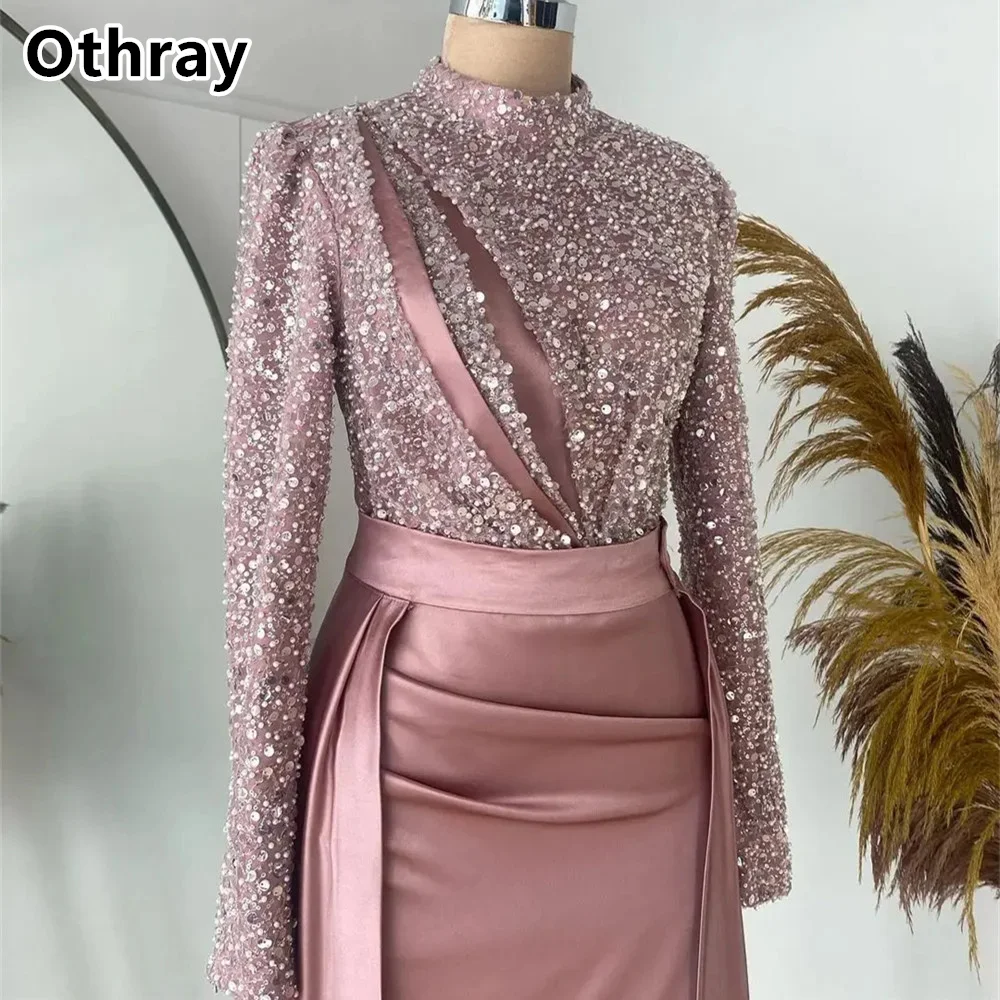 Othray мусульманское розовое блестящее вечернее платье с вырезом горловины длинным
