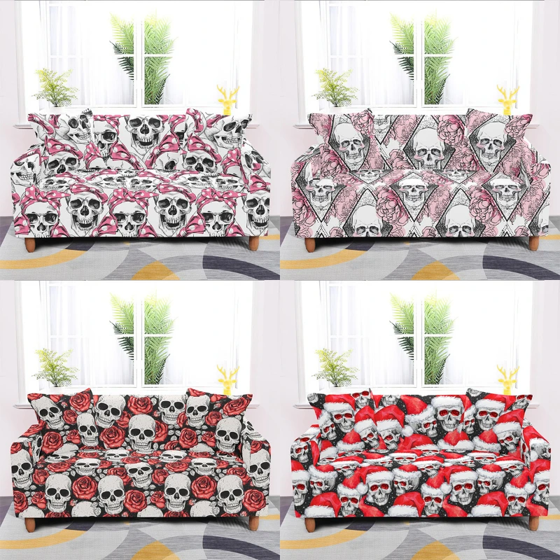 

Floral Christmas Skull Print Sofa Cover Spandex Stretch All-inclusive Sofa Chaise Cover Lounge Corner Sofa Cover for Living Room