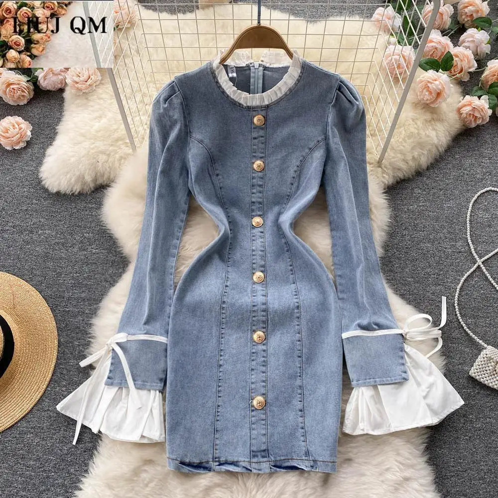 

Женское джинсовое платье с круглым вырезом, облегающее мини-платье-карандаш в уличном стиле, весна 2022