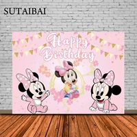 Cartoon Baby Minnie Mouse Backdrop Kids 1st 2nd Birthday Pink Mouse Theme Party Photography Backdrop Girl Baby Shower Decoration
