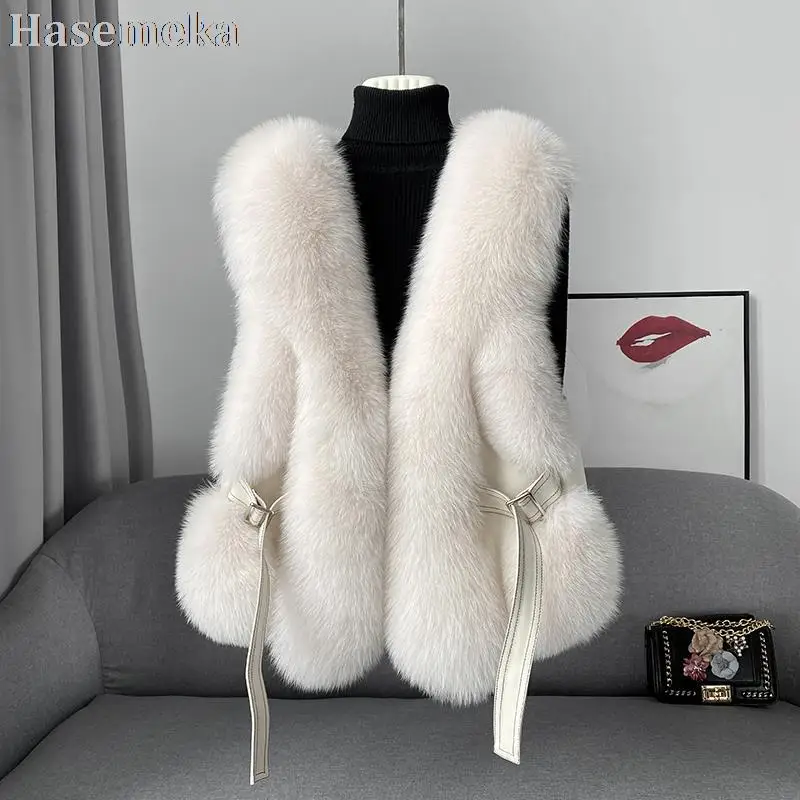 Genuine Fox Fur Vest Women's Short Thicken Warm Real Fur Coats Vest Winter Slimming Young Ladies Sleeveless Solid Waistcoat