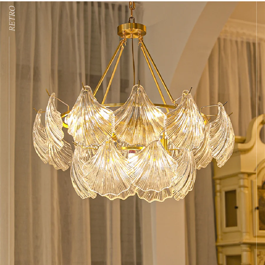 

Modern Shell Shape Crystal Chandelier French Golden Luxury Hanging Light Enter Hall Main Light Living Room Bedroom Pendant Lamp