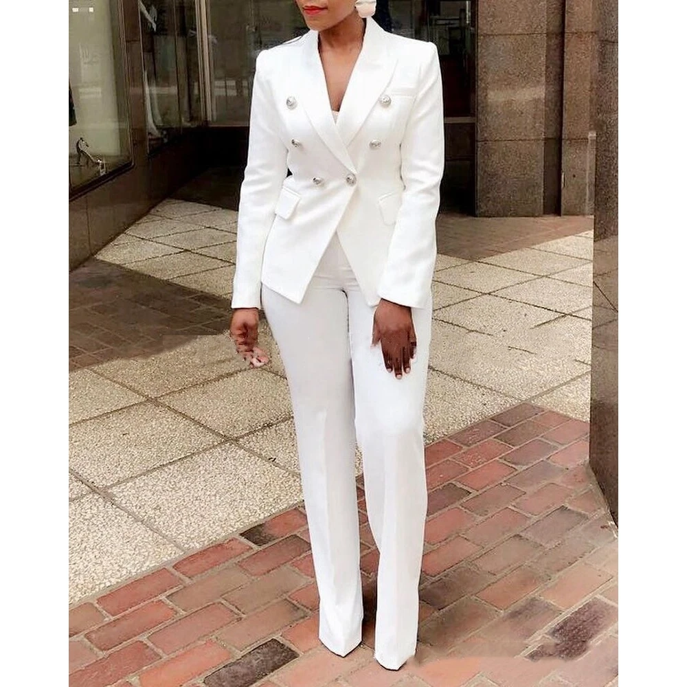 Woman 2 Pieces Set 2023 New in White Casual Long Sleeve Double Button Blazer & Pants Set Ladies Elegant Business Formal Pant Set