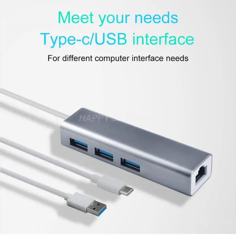 

3 Usb Ports Data Hub Mini Network Cable Converter Aluminum Alloy -compatible Splitter For Laptop Computer Ios Android