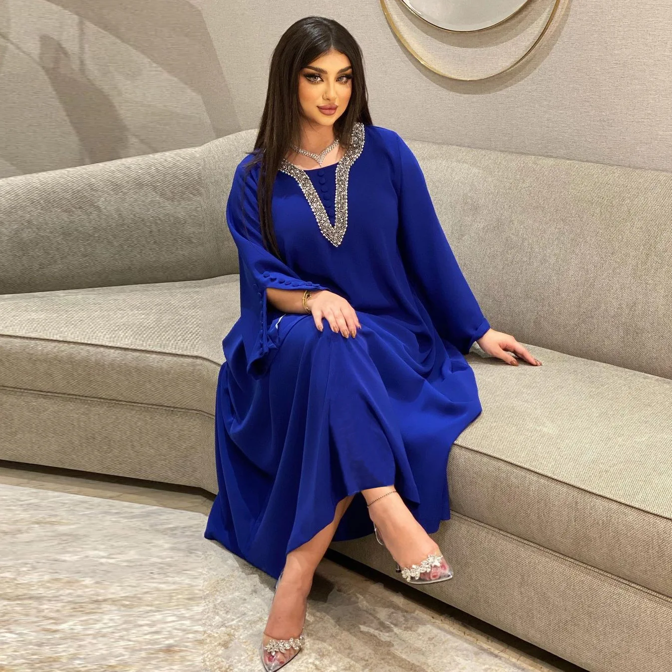 2023 New Muslim Women's Fashion Solid Color Cosize Dress Hand-beaded Hot Diamond Robe Pour Femme Mumulmane Abaya