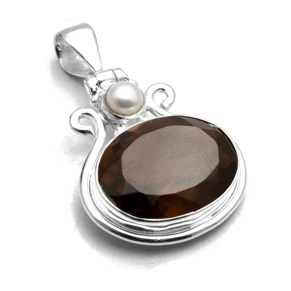 

Genuine Smokey Quartz + Pearl Pendant 925 Sterling Silver, Women Hand Made Fine Jewelry Gift 35 mm, AP8113