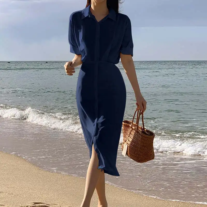 

Модные женские платья-рубашки VONDA 2022, однотонные платья с отворотом и пуговицами, сексуальное вечернее платье, элегантный осенний Повседнев...