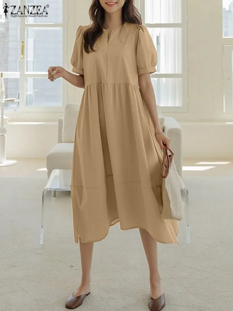 

ZANZEA Elegant Holiday Vestidos Solid Color Casual Dresses Loose Women Robe V-neck Puff Sleeve Fashion Pleated Tiered Midi Dress