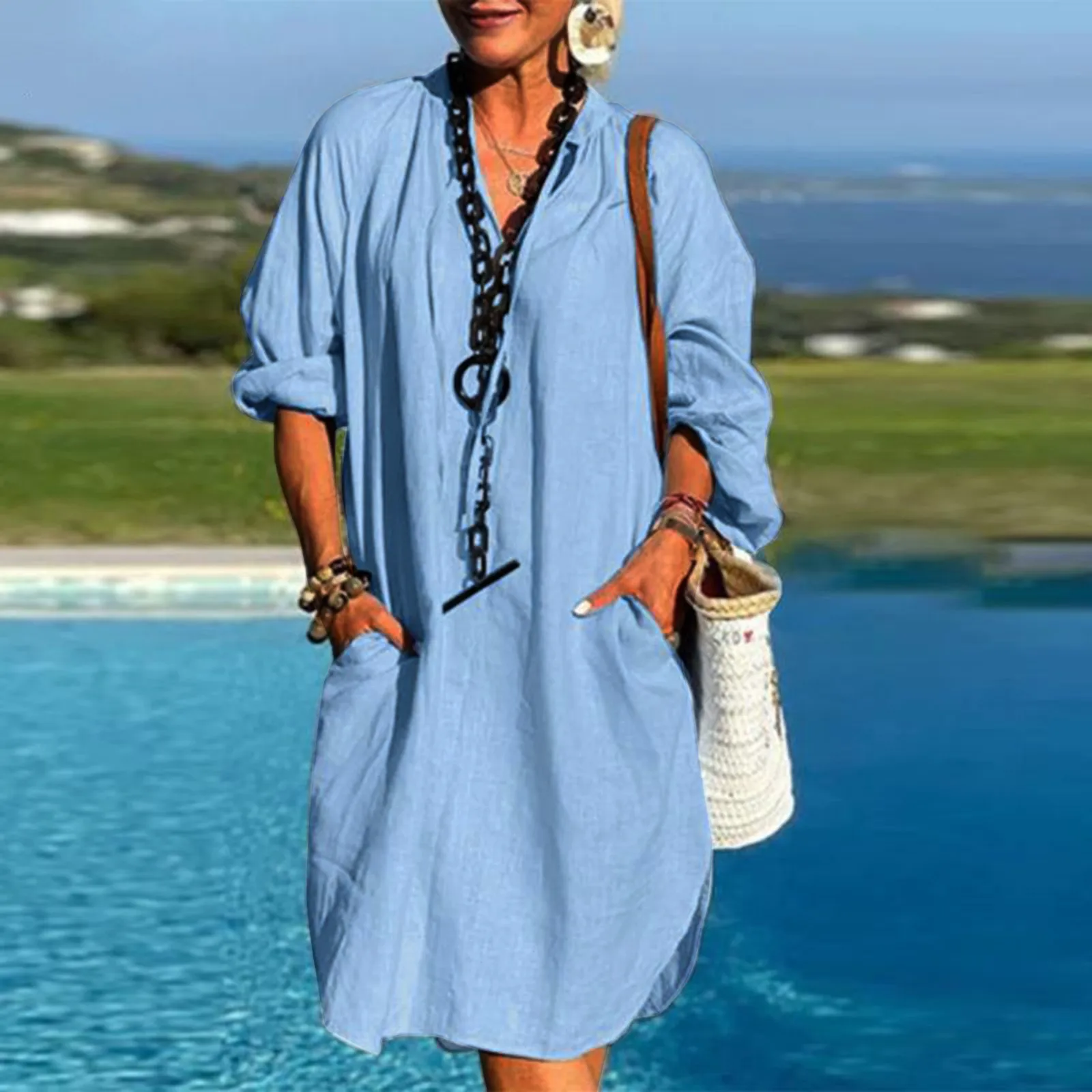 

Womens Summer Shirt Dresses Short Sleeve V Neck Sexy Casual Cotton Linen Dress Loose Flowy Dress Long Sleeve