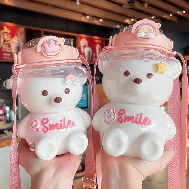 

1000ML/1400ML Cute Bear Kettle Plastic Water Bottle For Girls Travel Portable Large Capacity Drinking Cup with Straw
