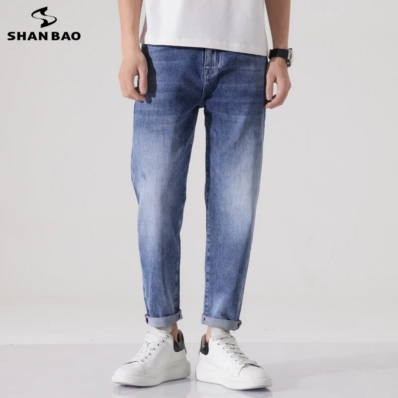 

SHAN BAO 2022 Spring/Summer Brand High Quality Cotton Loose Harem Jeans Classic Embroidered Korean Style Men's Cropped Pants